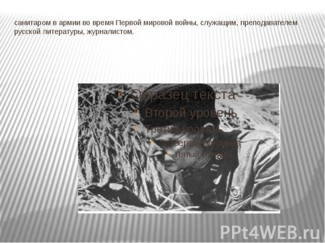 санитаром в армии во время Первой мировой войны, служащим, преподавателем русской литературы, журналистом.