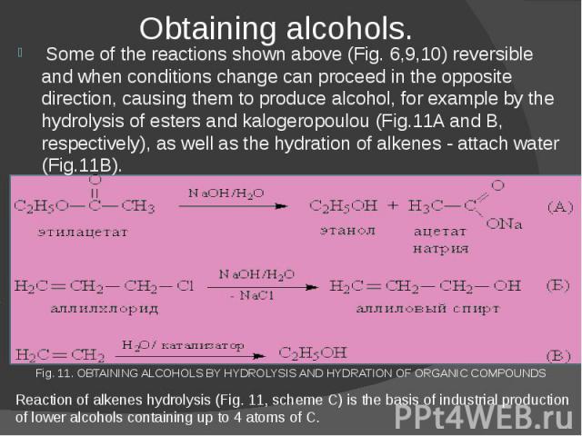 Obtaining alcohols. Some of the reactions shown above (Fig. 6,9,10) reversible and when conditions change can proceed in the opposite direction, causing them to produce alcohol, for example by the hydrolysis of esters and kalogeropoulou (Fig.11A and…
