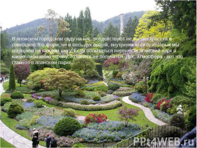 В японском городском саду на нас  воздействуют не только красота и совершенство форм, но и весь дух вещей, внутреннюю силу которых мы ощущаем на каждом шагу. Если попытаться перенести японский парк в какую-либо иную страну, то ничего не получит…