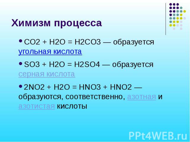 Химизм процесса СO2 + H2O = H2СO3 — образуется угольная кислота SO3 + H2O = H2SO4 — образуется серная кислота 2NO2 + H2O = HNO3 + HNO2 — образуются, соответственно, азотная и азотистая кислоты