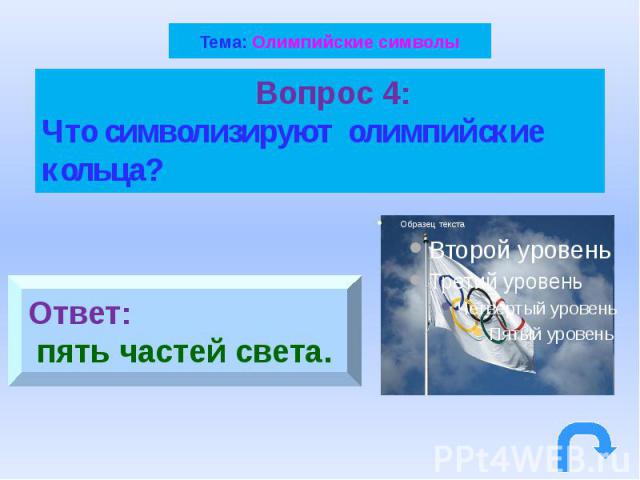 Тема: Олимпийские символы Вопрос 4: Что символизируют олимпийские кольца?