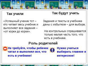 Роль родителей Не требуйте, чтобы ребенок читал и выполнял все, что есть в учебн