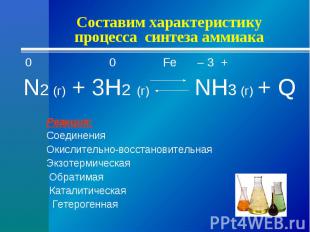 Составим характеристику процесса синтеза аммиака 0 0 Fe – 3 + N2 (г) + 3H2 (г) N