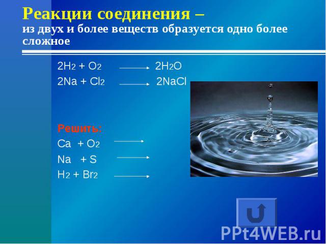 Реакции соединения – из двух и более веществ образуется одно более сложное2H2 + O2 2H2O2Na + Cl2 2NaClРешить:Ca + O2 Na + SH2 + Br2