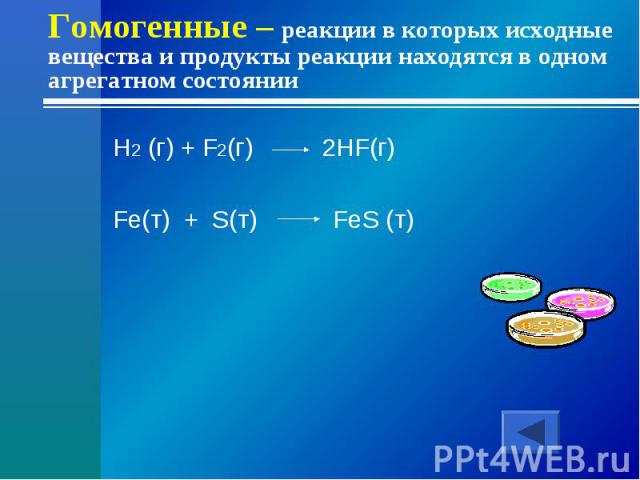Гомогенные – реакции в которых исходные вещества и продукты реакции находятся в одном агрегатном состоянииH2 (г) + F2(г) 2HF(г)Fe(т) + S(т) FeS (т)