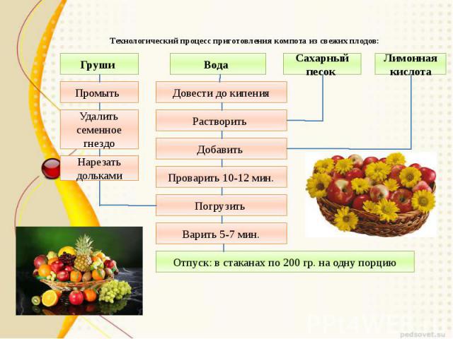 Технологический процесс приготовления компота из свежих плодов: