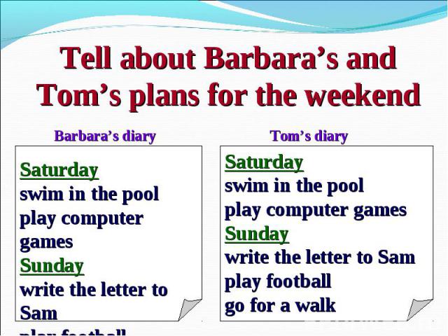 Tell about Barbara’s and Tom’s plans for the weekendSaturdayswim in the poolplay computer gamesSundaywrite the letter to Samplay football go for a walkSaturdayswim in the poolplay computer gamesSundaywrite the letter to Samplay football go for a walk