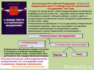 Конституция Российской Федерации (статья 14)Федеральный закон "О свободе совести