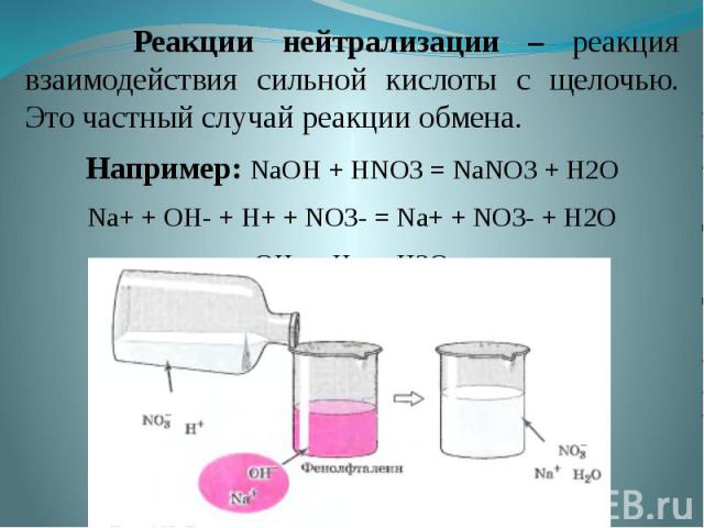 . Реакции нейтрализации – реакция взаимодействия сильной кислоты с щелочью. Это частный случай реакции обмена.Например: NaOH + HNO3 = NaNO3 + H2ONa+ + OH- + H+ + NO3- = Na+ + NO3- + H2OOH- + H+ = H2O