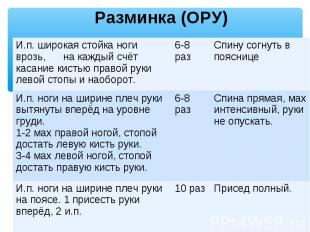 И.п. ноги на ширине плеч руки вытянуты вперёд на уровне груди.1-2 мах правой ног