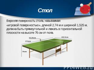 Верхняя поверхность стола, называемая «игровой поверхностью», длиной 2,74 м и ши