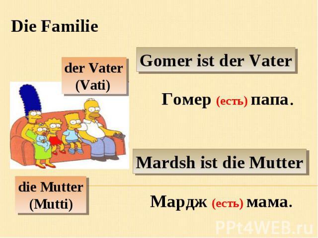 Die FamilieGomer ist der VaterГомер (есть) папа.Mardsh ist die MutterМардж (есть) мама.