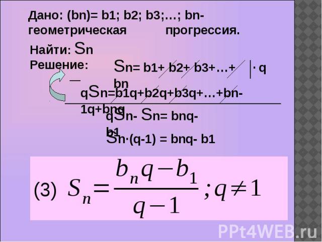 Дано: (bn)= b1; b2; b3;…; bn- геометрическая прогрессия.