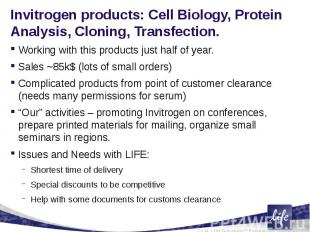 Invitrogen products: Cell Biology, Protein Analysis, Cloning, Transfection. Work