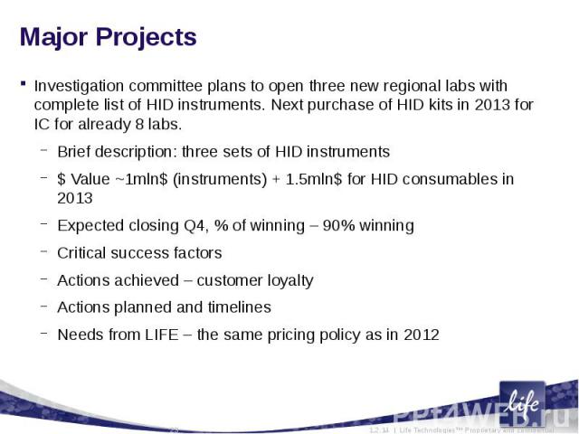 Major Projects Investigation committee plans to open three new regional labs with complete list of HID instruments. Next purchase of HID kits in 2013 for IC for already 8 labs.Brief description: three sets of HID instruments $ Value ~1mln$ (instrume…
