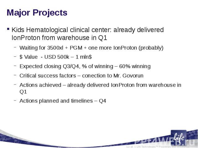 Major ProjectsKids Hematological clinical center: already delivered IonProton from warehouse in Q1Waiting for 3500xl + PGM + one more IonProton (probably) $ Value - USD 500k – 1 mln$Expected closing Q3/Q4, % of winning – 60% winningCritical success …