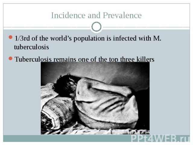 Incidence and Prevalence 1/3rd of the world’s population is infected with M. tuberculosis Tuberculosis remains one of the top three killers