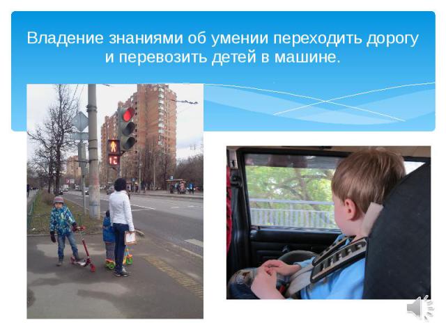 Владение знаниями об умении переходить дорогу и перевозить детей в машине.