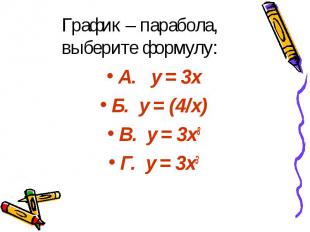 График – парабола, выберите формулу: А. y = 3x Б. y = (4/х) В. y = 3x8 Г. y = 3x