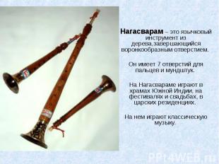 Нагасварам – это язычковый инструмент из дерева,завершающийся воронкообразным от