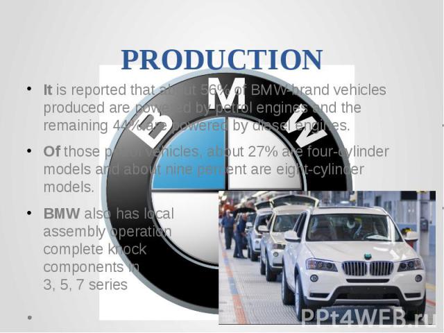 PRODUCTIONIt is reported that about 56% of BMW-brand vehicles produced are powered by petrol engines and the remaining 44% are powered by diesel engines.Of those petrol vehicles, about 27% are four-cylinder models and about nine percent are eight-cy…