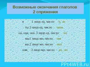 Возможные окончания глаголов 2 спряжения я 1 лицо ед. число -у, -ю - ты 2 лицо е