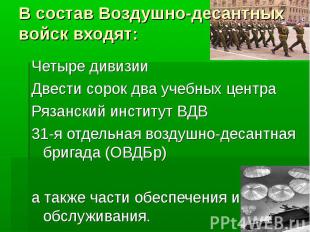 В состав Воздушно-десантных войск входят:Четыре дивизииДвести сорок два учебных