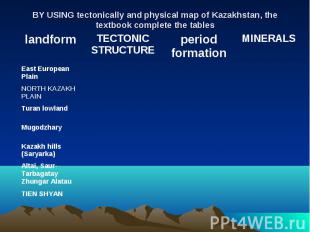 BY USING tectonically and physical map of Kazakhstan, the textbook complete the