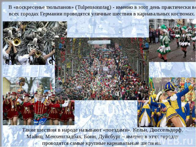Такие шествия в народе называют «поездами». Кельн, Дюссельдорф, Майнц, Менхенгладбах, Бонн, Дуйсбург – именно в этих городах проводятся самые крупные карнавальные шествия. В «воскресенье тюльпанов» (Tulpensonntag) - именно в этот день практически во…
