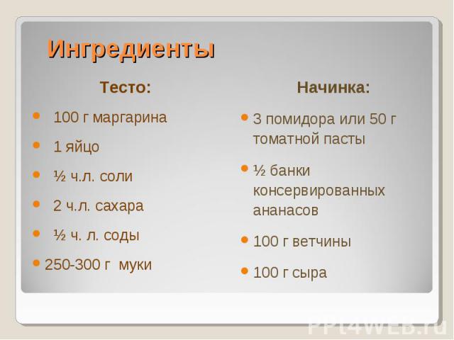 Тесто:Тесто: 100 г маргарина 1 яйцо ½ ч.л. соли 2 ч.л. сахара ½ ч. л. соды250-300 г муки