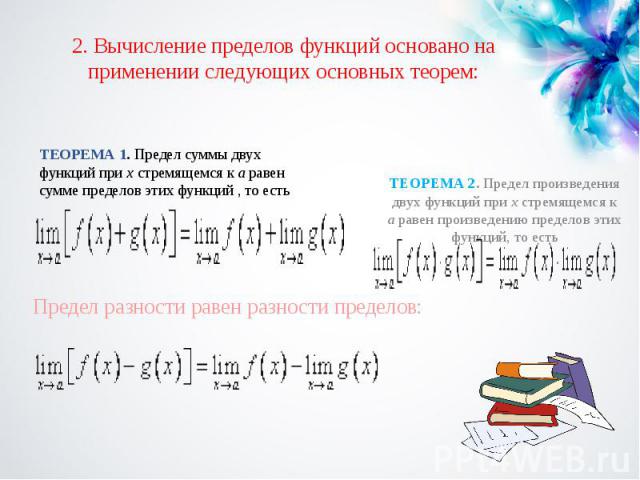 2. Вычисление пределов функций основано на применении следующих основных теорем: ТЕОРЕМА 1. Предел суммы двух функций при x стремящемся к a равен сумме пределов этих функций , то есть
