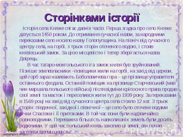 Історія села Княже сягає давніх часів. Перша згадка про село Княже датується 1450 роком. До отримання сучасної назви, за народними переказами село носило назву Голопупщина. На північ від сучасного центру села, на горбі, з трьох сторін оточеного водо…