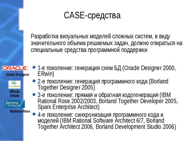 1-е поколение: генерация схем БД (Oracle Designer 2000, ERwin) 1-е поколение: генерация схем БД (Oracle Designer 2000, ERwin) 2-е поколение: генерация программного кода (Borland Together Designer 2005) 3-е поколение: прямая и обратная кодогенерация …