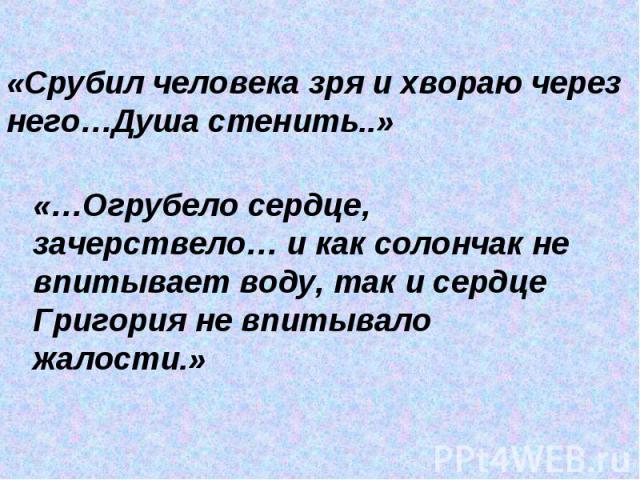 «Cрубил человека зря и хвораю через него…Душа стенить..»«…Огрубело сердце, зачерствело… и как солончак не впитывает воду, так и сердце Григория не впитывало жалости.»