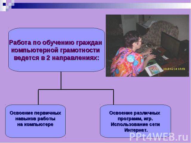 Работа по обучению граждан компьютерной грамотности ведется в 2 направлениях: Освоение первичных навыков работы на компьютере Освоение различных программ, игр.Использование сети Интернет.