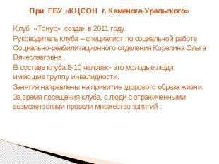 При ГБУ «КЦСОН г. Каменска-Уральского»Клуб «Тонус» создан в 2011 году.Руководите