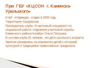 При ГБУ «КЦСОН г. Каменска-Уральского»Клуб «Надежда» создан в 2009 году.Территор