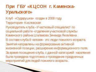 При ГБУ «КЦСОН г. Каменска-Уральского»Клуб «Сударушка» создан в 2008 году.Террит