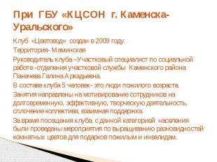 При ГБУ «КЦСОН г. Каменска-Уральского»Клуб «Цветовод» создан в 2009 году.Террито