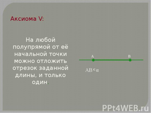 Аксиома V: Аксиома V: На любой полупрямой от её начальной точки можно отложить отрезок заданной длины, и только один.