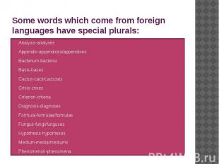 Some words which come from foreign languages have special plurals: Analysis-anal