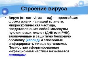 Строение вируса Вирус&nbsp;(от лат.&nbsp;virus&nbsp;— яд)&nbsp;— простейшая форм