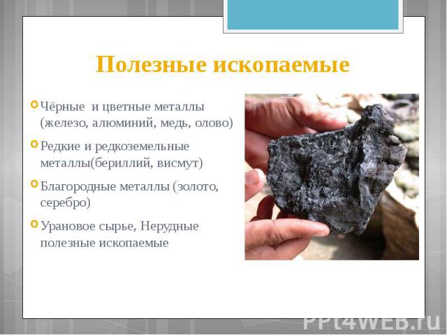 Полезные ископаемые Чёрные и цветные металлы (железо, алюминий, медь, олово) Редкие и редкоземельные металлы(бериллий, висмут) Благородные металлы (золото, серебро) Урановое сырье, Нерудные полезные ископаемые