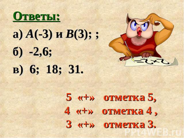 Ответы: Ответы: а) А(-3) и В(3); ; б) -2,6; в) 6; 18; 31.