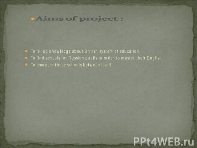 To fill up knowledge about British system of education To fill up knowledge about British system of education To find schools for Russian pupils in order to master their English To compare these schools between itself