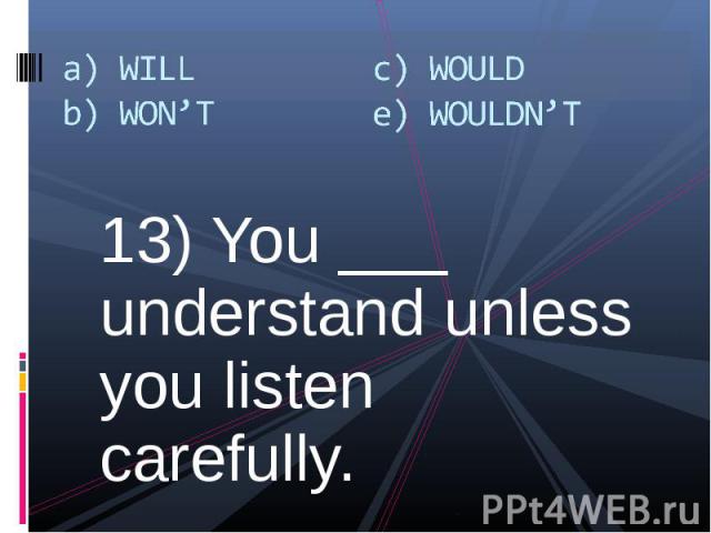 13) You ___ understand unless you listen carefully. 13) You ___ understand unless you listen carefully.