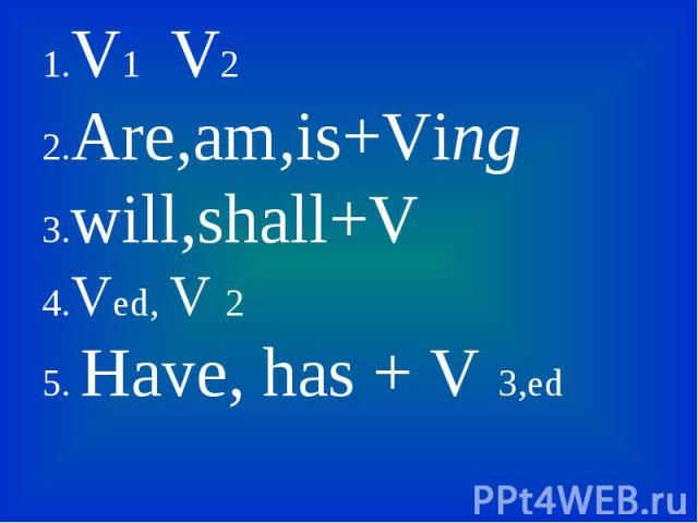 1.V1 V2 1.V1 V2 2.Are,am,is+Ving 3.will,shall+V 4.Ved, V 2 5. Have, has + V 3,ed