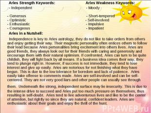 Aries Strength Keywords: Aries Weakness Keywords: Aries Strength Keywords: Aries