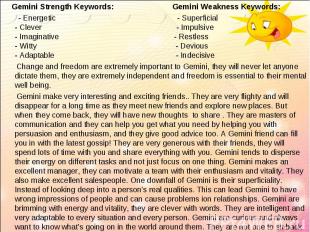 Gemini Strength Keywords: Gemini Weakness Keywords: Gemini Strength Keywords: Ge