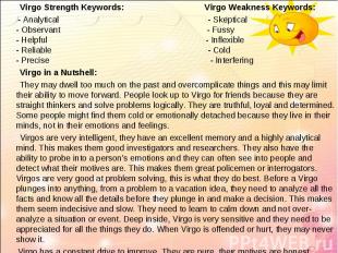 &nbsp; Virgo Strength Keywords: Virgo Weakness Keywords: &nbsp; Virgo Strength K
